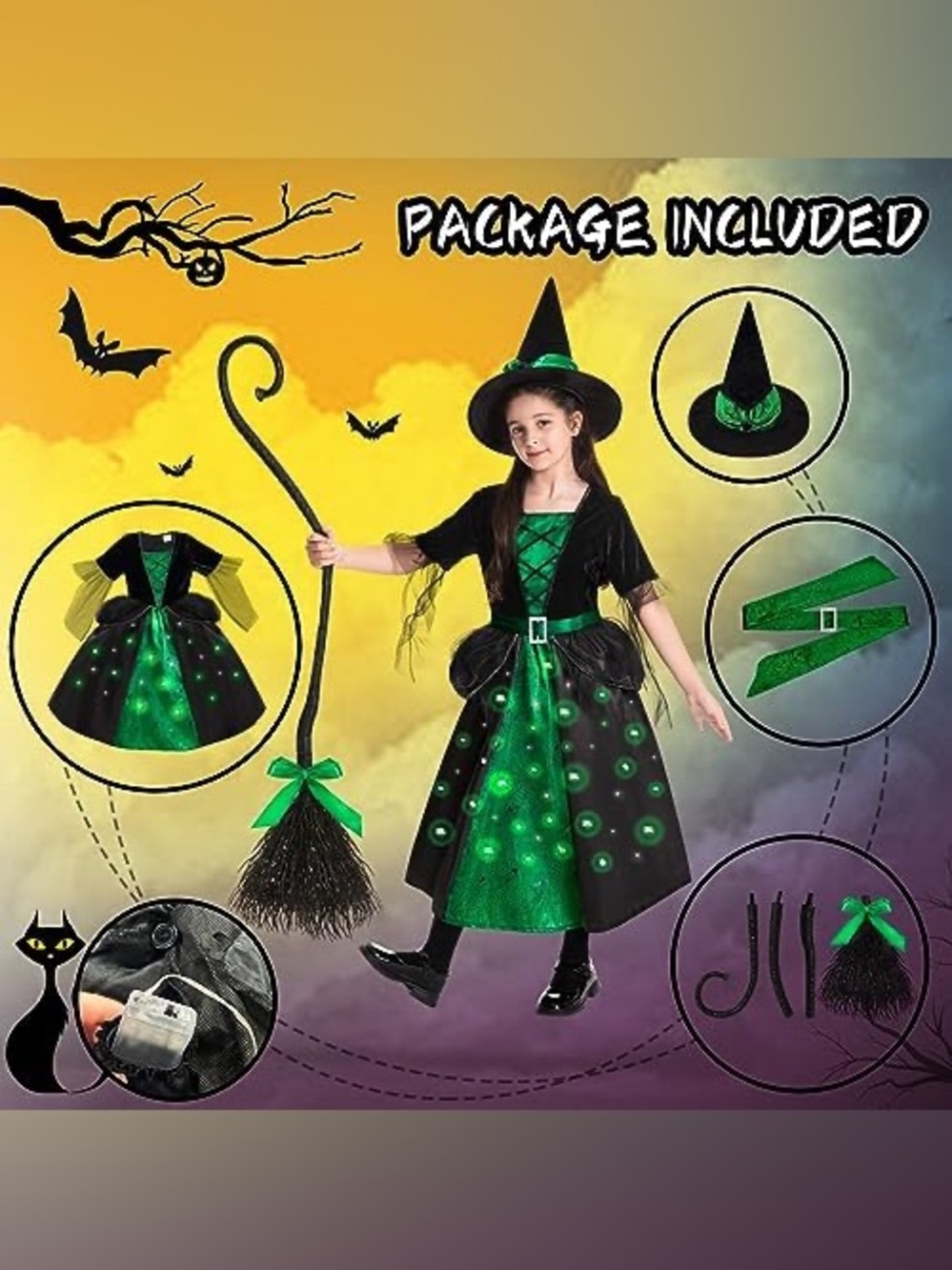Poshetion Girls Witch Costumes, Light Up Halloween Witch Dress with Witch Broom